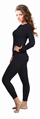 Rocky Womens Thermal 2 Pc Long John Underwear Set Top and Bottom Smooth Knit (Small, Black)