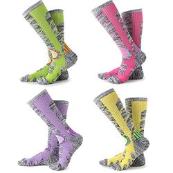 Womens Snow Ski Socks 4 Pack ( Rose Red + Yellow + Purple + Lime Green )
