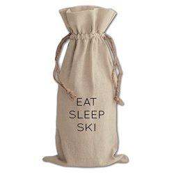 Eat Sleep Ski #1 Cotton Canvas Wine Bag, Cotton Drawstring Wine Pouch