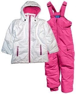 Pulse Little Girls’ 2 Piece Snowsuit Set Glitter Coat and Snow Bibs (Large (7), White Pink)