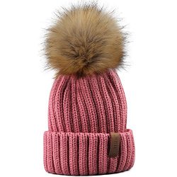 Kids Winter Knitted Pom Beanie Bobble Hat Faux Fur Ball Pom Pom Cap Unisex Kids Beanie Hat,Pink, ...