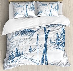 Winter Decorations Duvet Cover Set by Ambesonne, Sketchy Graphic of a Downhill with Ski Elements ...