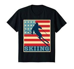 Kids American flag Retro Skiing Shirt DownHill Ski Tee Snow Skier 12 Black