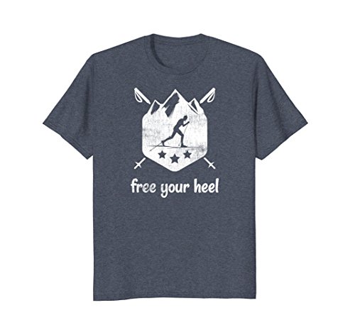 Mens Free Your Heel Telemark Cross Country Skier T-Shirt Large Heather Blue