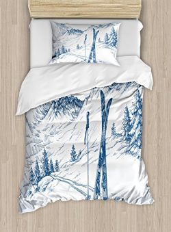 Ambesonne Winter Duvet Cover Set Twin Size by, Sketchy Graphic of a Downhill with Ski Elements i ...