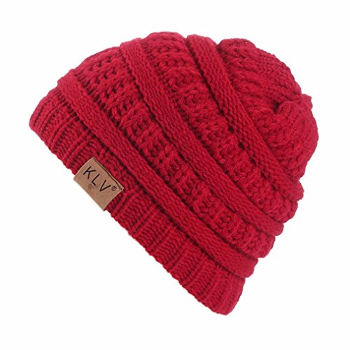 Elaco Beanie Skull Slouchy Caps, Boy Girls Warm Crochet Winter Wool Knit Ski Hat (Wine Red)