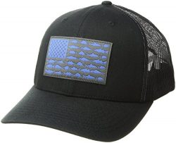 Columbia PFG Mesh Snap Back Ball Cap, Black/Vivid Blue Fish Flag, One Size