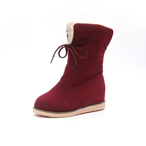 Womens Low Wedge Biker Ankle Boots Trim Flat Ankle Warm Martin Shoes Red by Topunder