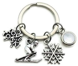 Kit’s Kiss Skiing keychain, Skier keychain, skiing charm keychain, Snowflake charm, ski ch ...