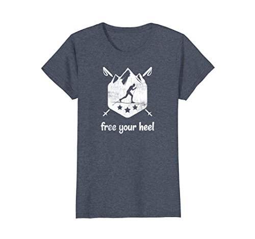 Womens Free Your Heel Telemark Cross Country Skier T-Shirt Large Heather Blue