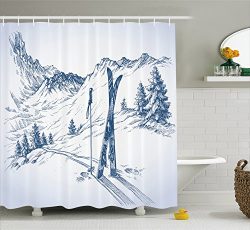 Ambesonne Winter Decorations Shower Curtain, Sketchy Graphic of a Downhill with Ski Elements in  ...