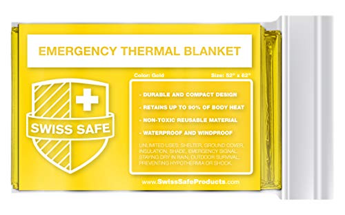 Swiss Safe Gold Emergency Mylar Thermal Survival Blanket: Camping, Outdoors, or Marathons